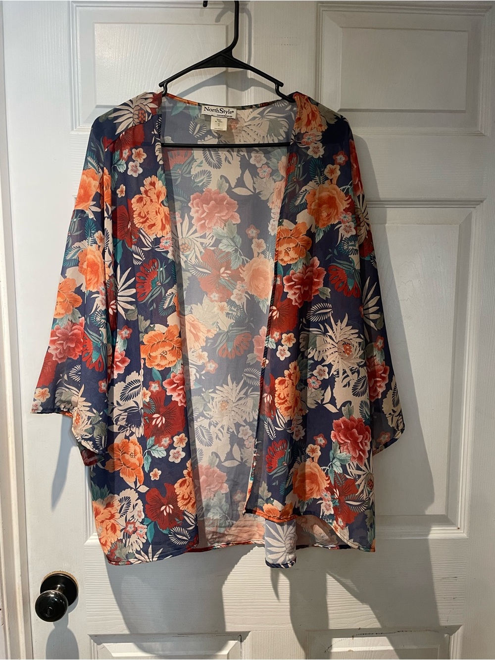 North Style Sheer Kimono - Navy with Orange & Cream Flowers 2x